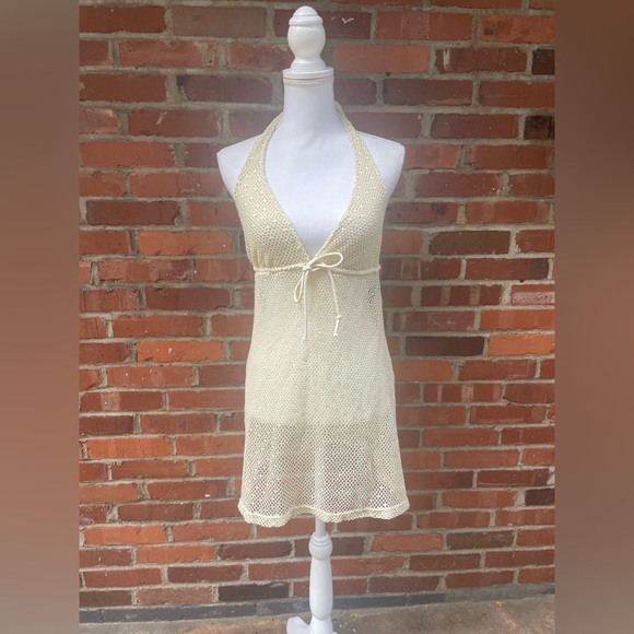 La Blanca halter Crochet Knit Tunic Dress Swim Cover-Up Ivory Medium M - Picture 1 of 9